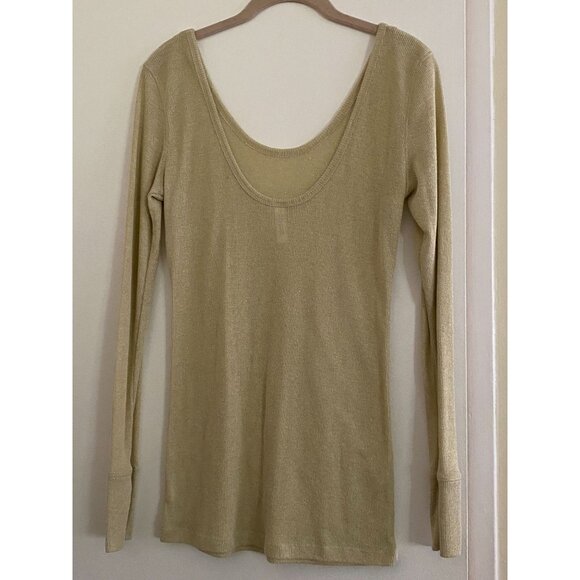 Gold Ribbed Sheer Scoop Neck Long Sleeve Top By Tee Shop Size L (see through) - Picture 2 of 3